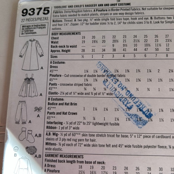 4/$50 Simplicity 9375 Raggedy Ann & Andy Child Costumes sew pattern 🪡 - Picture 5 of 6
